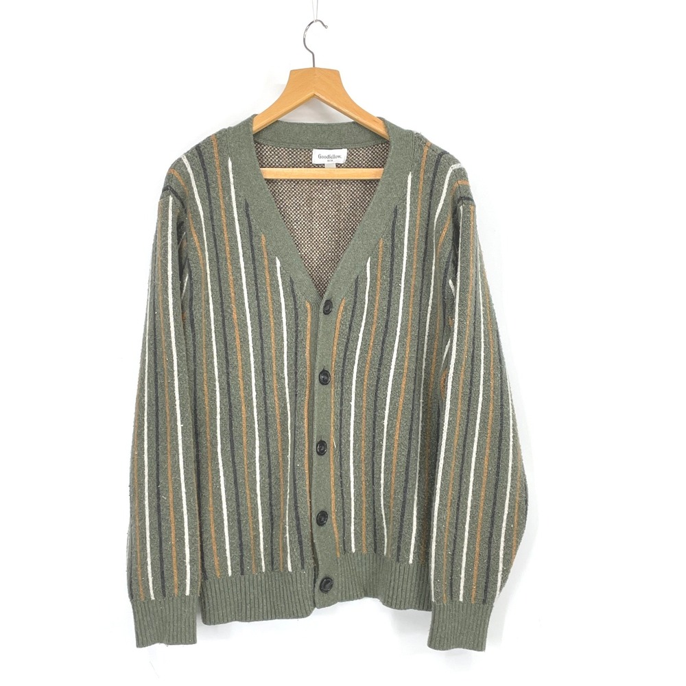Goodfellow & Co Men Cardigan L Sweater Green Striped Button Up Collegiate Preppy